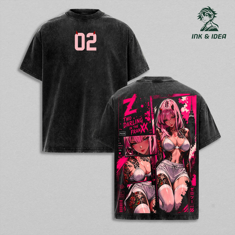 Zero Two Vintage Washed Gym T-Shirt, Darling in the Franxx 02 Graphic Tee, Anime Girl Oversized Heavy Cotton Gym Shirt, Retro Manga Unisex Streetwear