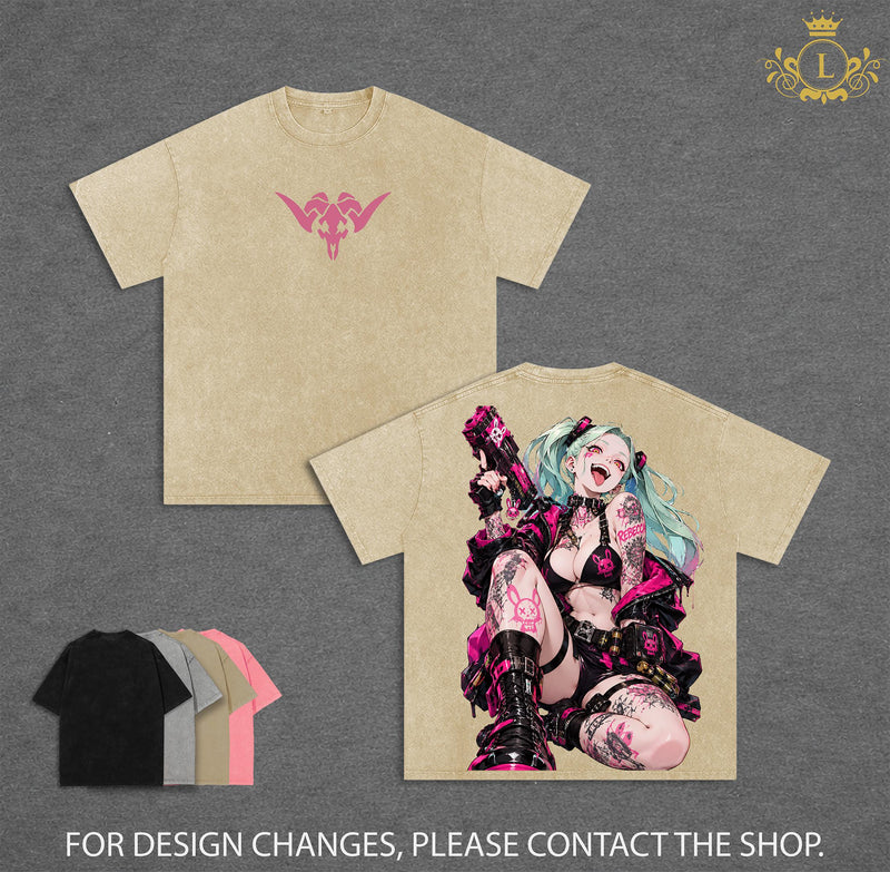 Limited Rebecca Cyberpunk Edgerunners Double Sided Graphic Tee, Oversized Vintage Washed Anime T-Shirt, Soft Cotton Round Neck Menswear Unisex Streetwear, Gift for Anime Fans