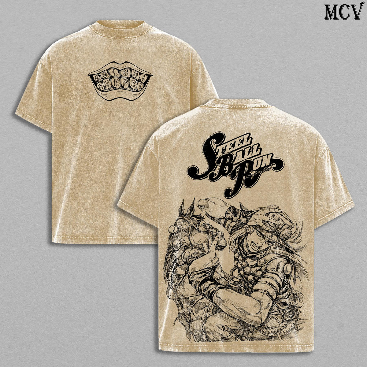 Gyro Zeppeli Washed Tee – JoJo’s Bizarre Adventure Steel Ball Run Part 7 Anime 2026 Golden Spin Western Race Manga Graphic Double Printed T-Shirt, Menswear Heavy Cotton Unisex Oversize Streetwear Vintage