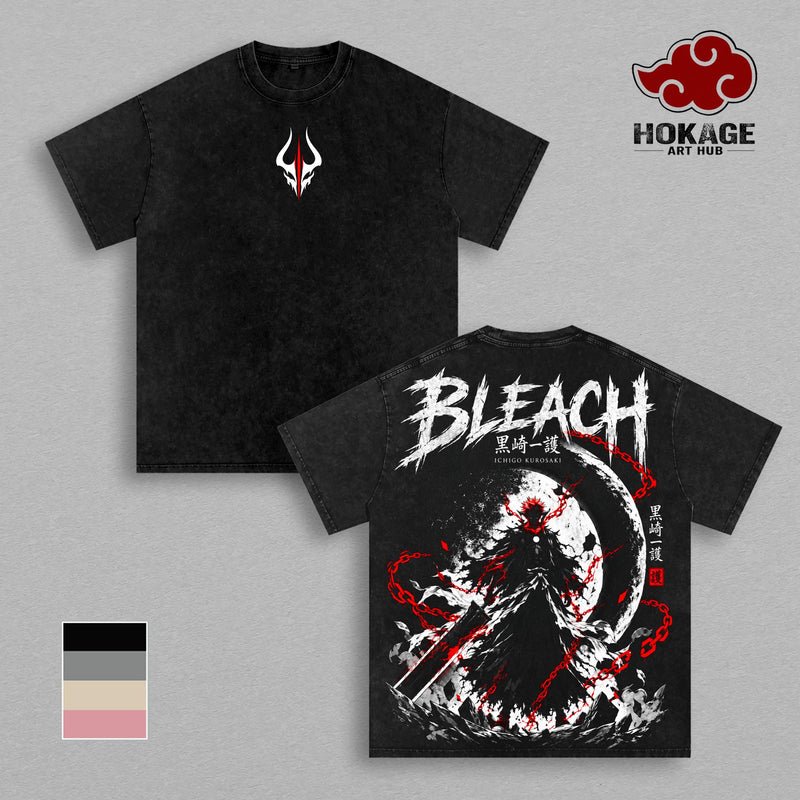 Ichigo Kurosaki Bleach T-Shirt, Bankai Soul Reaper Anime Graphic Tee, Blood Chains Vintage Washed Shirt, Oversized Back Print Anime Streetwear