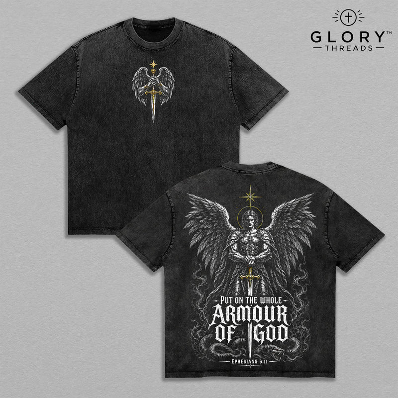 Saint Michael Archangel Armor of God Ephesians 6:11 Christian T-Shirt, Angel Warrior Vintage Washed Graphic Tee, Bible Verse Faith Streetwear