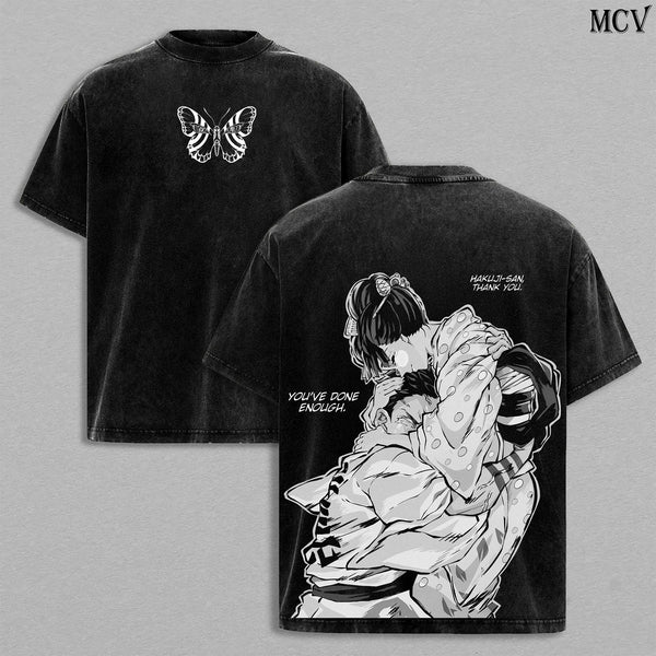 Akaza vs Koyuki Demon Slayer Kimetsu no Yaiba T-Shirt Menswear Top Heavy Cotton Underwear Double Printed Vintage Washed Tee Oversize Unisex Anime Manga Streetwear Retro Graphic Tee Gift for Fans