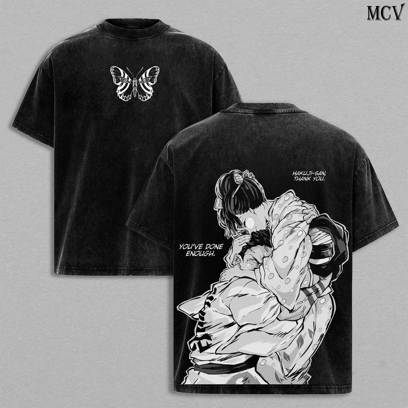 Akaza vs Koyuki Demon Slayer Kimetsu no Yaiba T-Shirt Menswear Top Heavy Cotton Underwear Double Printed Vintage Washed Tee Oversize Unisex Anime Manga Streetwear Retro Graphic Tee Gift for Fans
