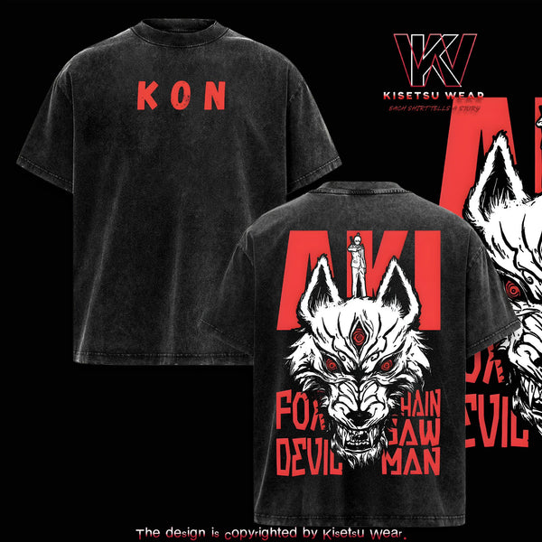Aki Hayakawa Kon Fox Devil Chainsaw Man Shirt Anime Vintage Washed Graphic Tee Oversized Cotton Streetwear Menswear Casual Summer Top Manga Merch Gift Idea