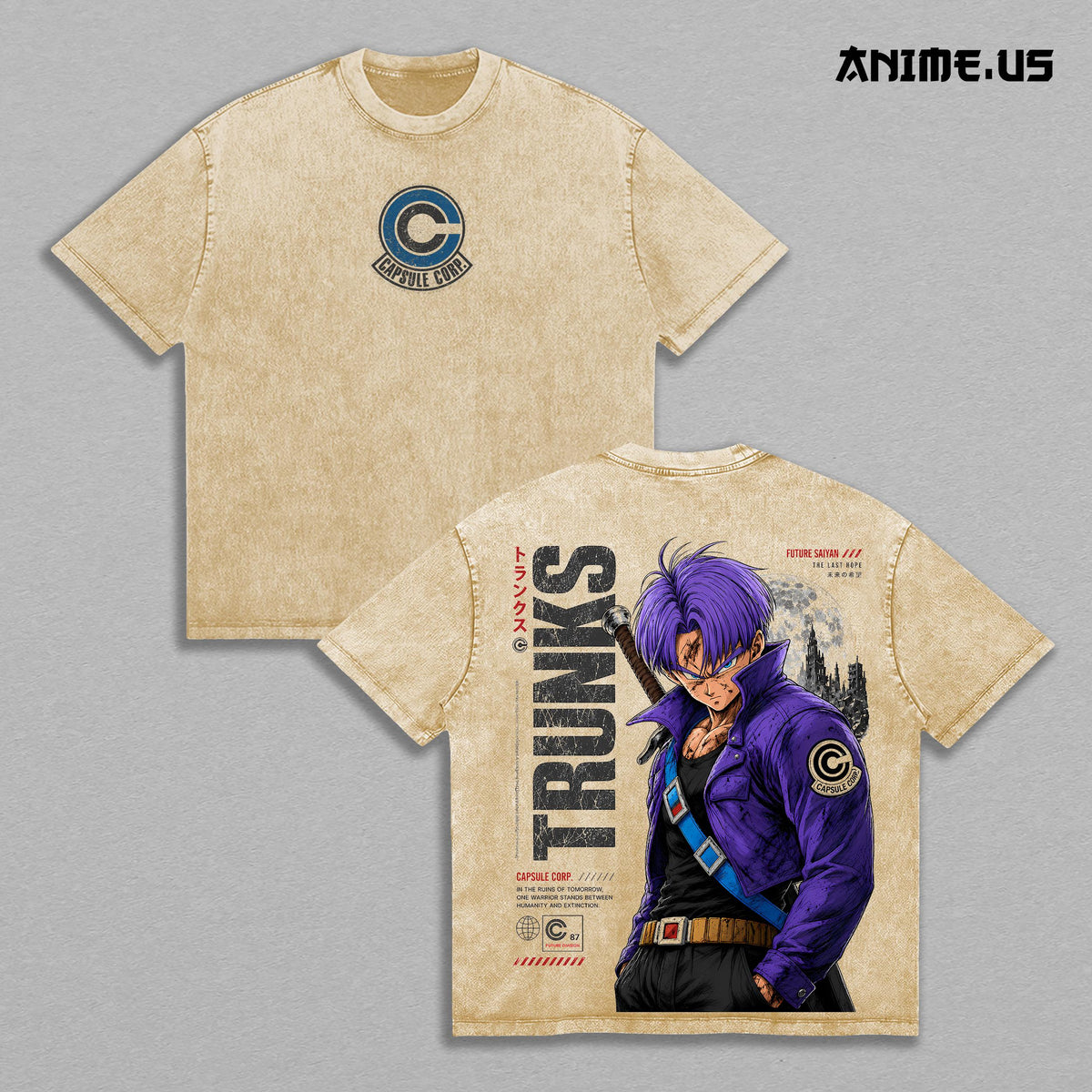 Future Trunks Capsule Corp Anime Washed Tee DBZ Inspired Oversized Heavy Cotton Shirt Manga Streetwear Gift for Anime Lovers