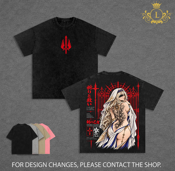 Sword Maiden Fantasy Anime Tee – Sword Maiden Vintage Washed T-Shirt | Dark Fantasy Manga Graphic Tee | Gothic Irezumi Tattoo Art | Warrior Priestess Aesthetic | Heavy Cotton Unisex Oversized Tee