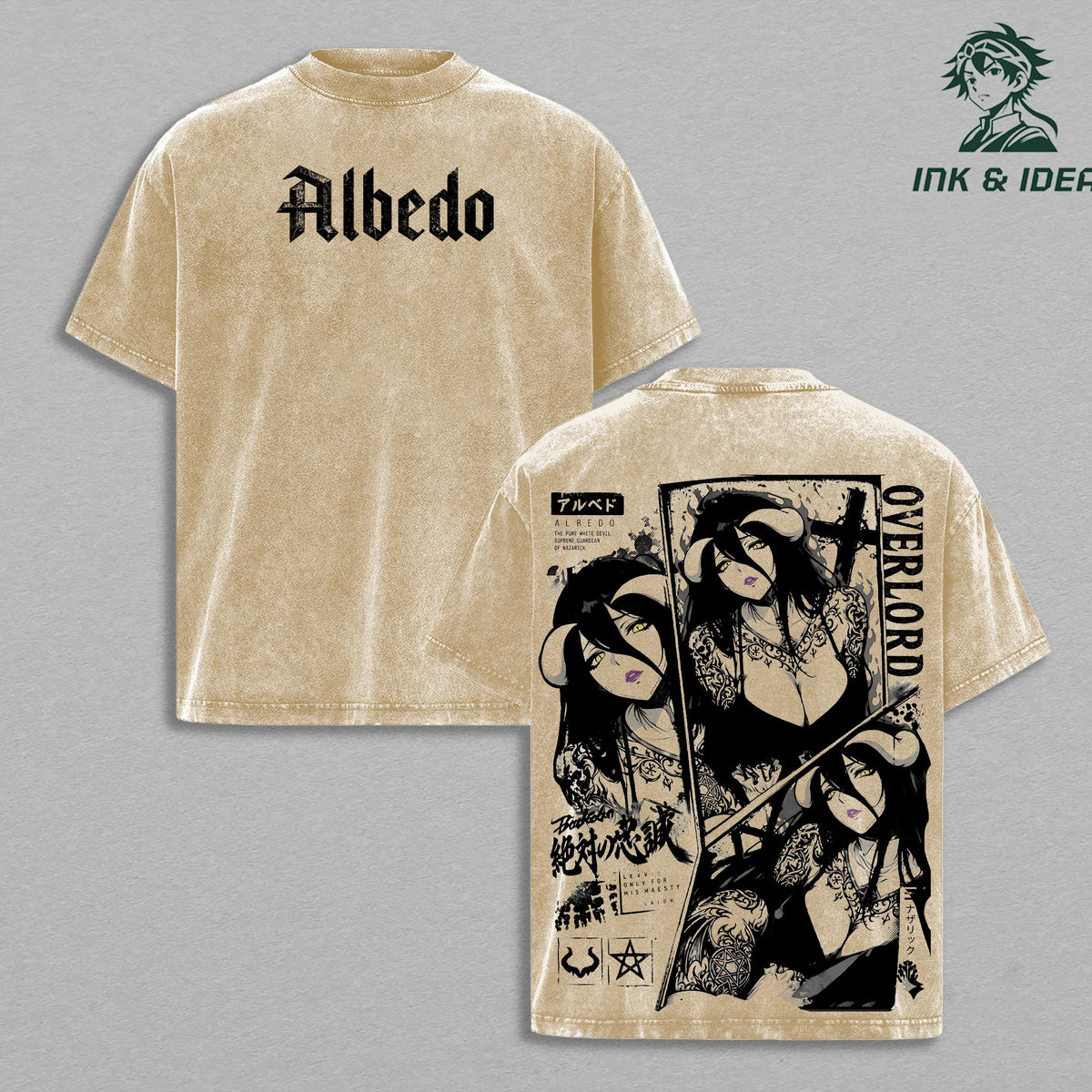 Albedo Overlord Vintage Washed Anime T-Shirt Guardian Overseer Graphic Tee Dark Fantasy Waifu Shirt Heavyweight Cotton Streetwear Unisex Manga Apparel Gift for Overlord Fans