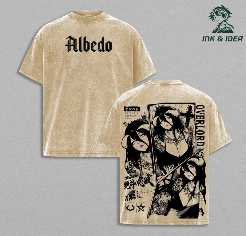 Albedo Overlord Vintage Washed Anime T-Shirt Guardian Overseer Graphic Tee Dark Fantasy Waifu Shirt Heavyweight Cotton Streetwear Unisex Manga Apparel Gift for Overlord Fans