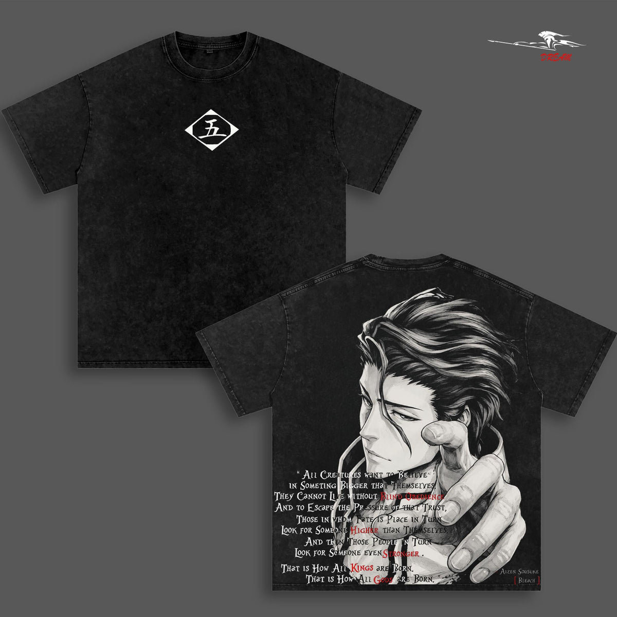 Aizen Sosuke Bleach Anime Double Printed Vintage Washed Tee Unisex Oversize Heavyweight Cotton T-shirt for Anime Fans and Lovers