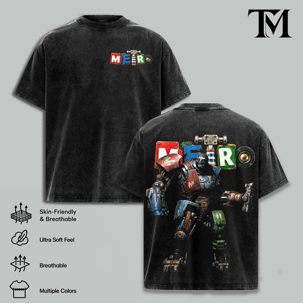 Real Steel Menswear Graphic Tee, Apparel with Double Print, Oversize Lightweight Acid-Washed Cotton, Casual Classic Seamless Shortsleeve Movies Films Streetwear Top Gift for movie fans