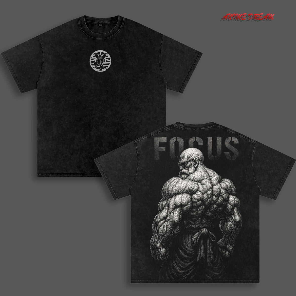 Muten Roshi - Baki Anime Double Printed Vintage Washed Tee Unisex Oversize Anime Manga Washed Heavyweight Cotton T-shirt