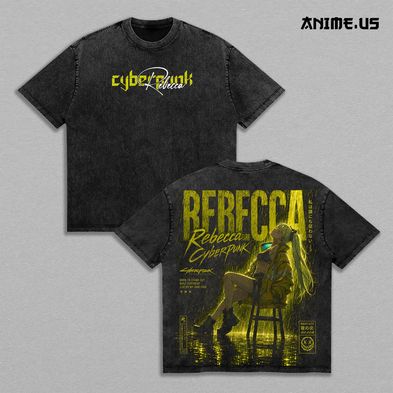 Rebecca Cyberpunk Edgerunners Vintage Washed T-Shirt | Night City Anime Girl Graphic Tee | Oversized Heavyweight Streetwear