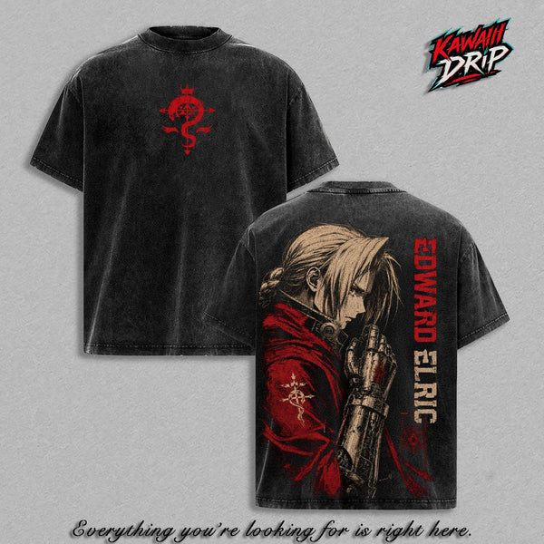 Edward Elric T-Shirt Washed – Fullmetal Alchemist Anime Manga Graphic Double Printed Tee, Unisex Oversize Streetwear Vintage Edition, Japanese Anime Fan Gift Apparel and Manga Tee