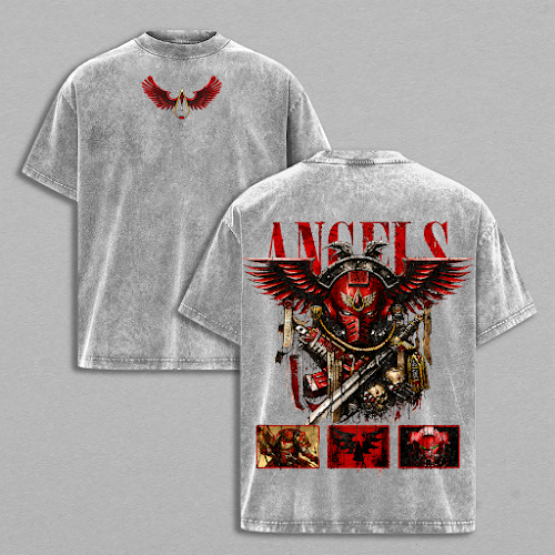 Blood Angel WarHammer 40k Men's Unisex Oversized Heavyweight Cotton Round Neck Manga T-Shirt - Casual Streetwear, Retro Vintage Style, Acid Street Aesthetic, Seamless Tweed Fabric Top, Gift for Manga Fans