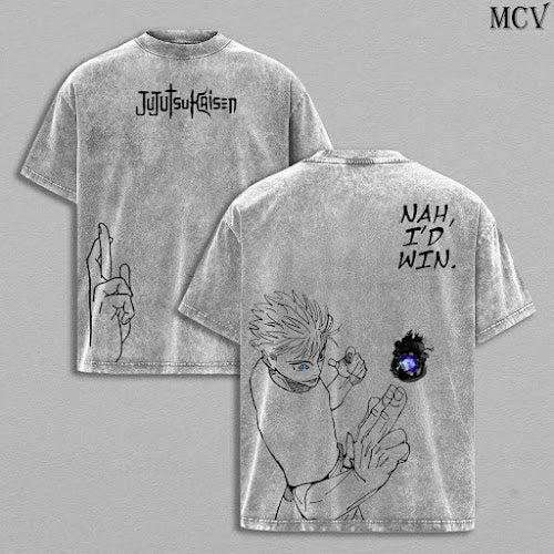 Gojo Satoru Tee Washed – Jujutsu Kaisen Execution Culling Game Prelude Vintage Oversized Heavy Cotton Anime Manga T-Shirt, Double Printed Retro Unisex Streetwear Graphic Top, Japanese Anime Merch for Sorcerer Fans