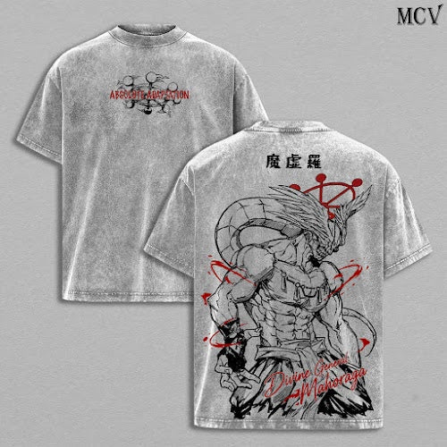 Mahoraga Tee Washed – JJK Anime Vintage Washed & Acid Wash Heavy Cotton Oversized Graphic T-Shirt & Hoodie, Double Printed Dark Fantasy Anime Manga Streetwear, Retro Unisex Soft Cotton Apparel, Gift for Jujutsu Kaisen Fans