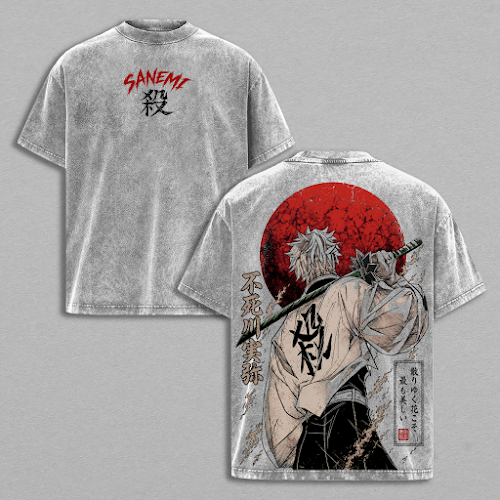 Sanemi Shinazugawa Vintage Washed T-Shirt - Sanemi Anime Graphic Tee, Kimetsu no Yaiba Heavyweight Cotton Oversized Shirt Unisex Manga Streetwear Top Demon Slayer Fan Gift