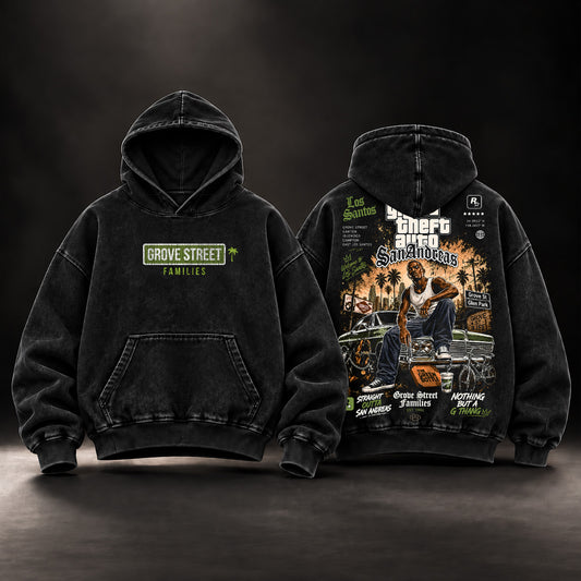 GTA San Andreas Grove Street Families Vintage Washed Oversized Hoodie, T-Shirt & Sweatshirt, Double-Sided CJ Carl Johnson Graphic Apparel, Grand Theft Auto Los Santos Gangster Design, Retro 90s Y2K Streetwear, Unisex GTA Gamer Gift