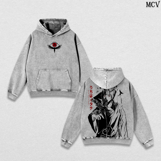 Uchiha Itachi – Naruto Shippuden – Vintage Washed Heavyweight Cotton Hoodie Japanese Anime Streetwear Graphic