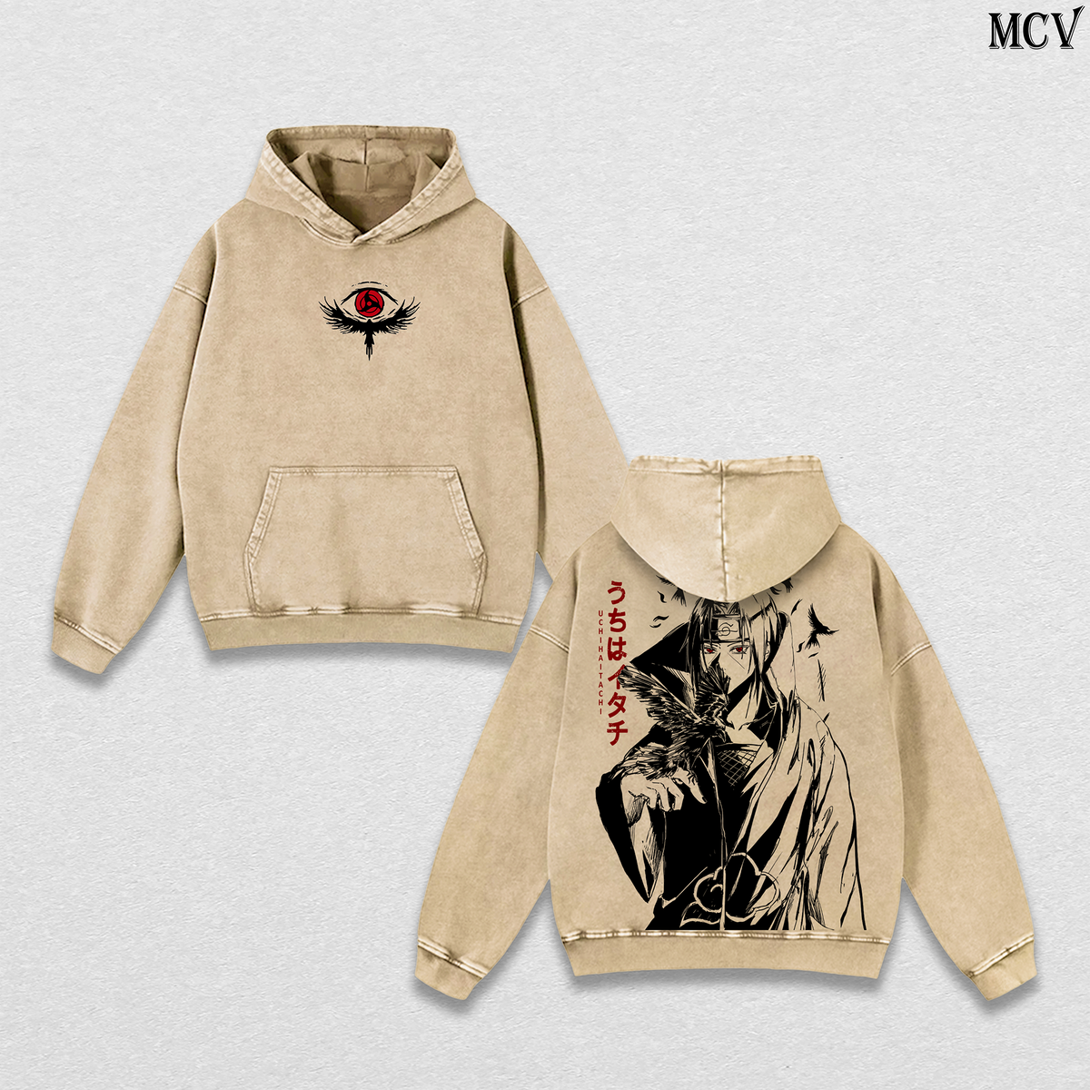 Uchiha Itachi – Naruto Shippuden – Vintage Washed Heavyweight Cotton Hoodie Japanese Anime Streetwear Graphic