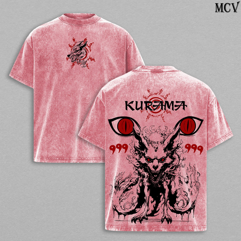 Kurama (Nine-Tailed Fox) – Naruto Shippuden Anime Double Printed Vintage Washed Tee