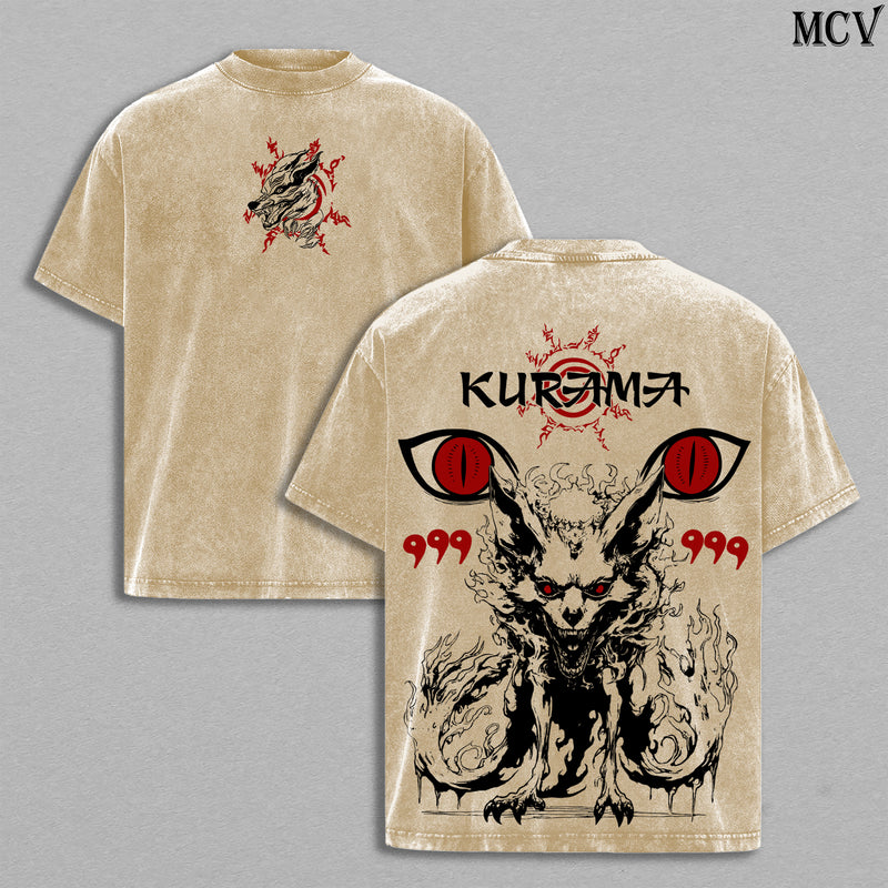 Kurama (Nine-Tailed Fox) – Naruto Shippuden Anime Double Printed Vintage Washed Tee