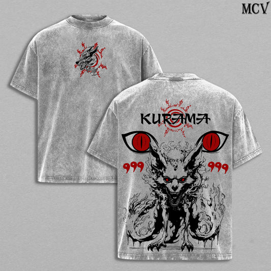 Kurama (Nine-Tailed Fox) – Naruto Shippuden Anime Double Printed Vintage Washed Tee