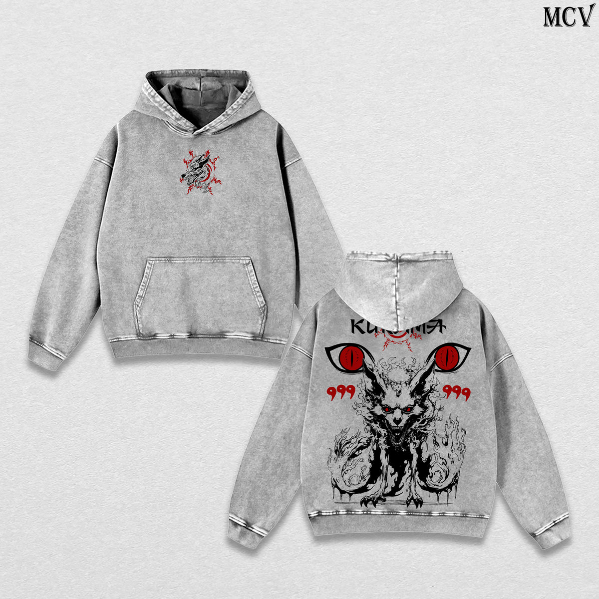 Kurama (Nine-Tailed Fox) – Naruto Shippuden – Vintage Washed Heavyweight Cotton Hoodie Japanese Anime Streetwear Graphic Hoodie