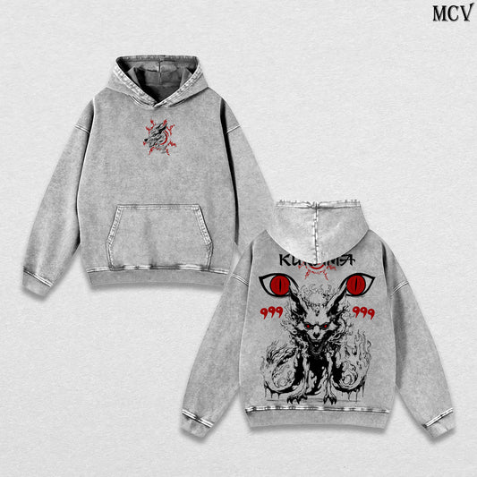 Kurama (Nine-Tailed Fox) – Naruto Shippuden – Vintage Washed Heavyweight Cotton Hoodie Japanese Anime Streetwear Graphic Hoodie