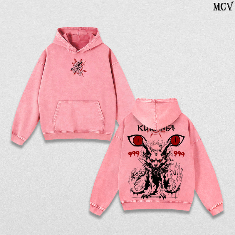 Kurama (Nine-Tailed Fox) – Naruto Shippuden – Vintage Washed Heavyweight Cotton Hoodie Japanese Anime Streetwear Graphic Hoodie
