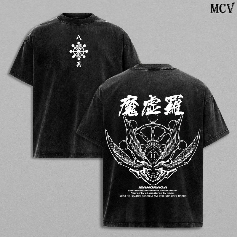 Eight-Handled Sword Divine General Mahoraga – Jujutsu Kaisen – Vintage Washed Heavyweight Cotton Anime Graphic T-Shirt