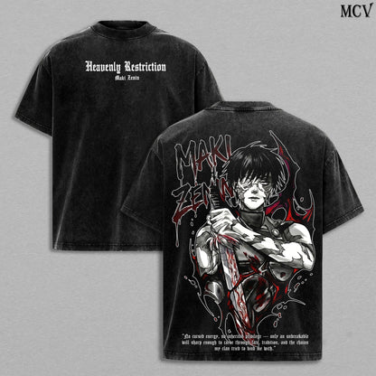 Maki Zenin – Jujutsu Kaisen – Vintage Washed Heavyweight Cotton Anime Graphic T-Shirt Japanese Manga Streetwear Tee