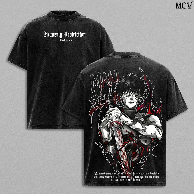 Maki Zenin – Jujutsu Kaisen – Vintage Washed Heavyweight Cotton Anime Graphic T-Shirt Japanese Manga Streetwear Tee