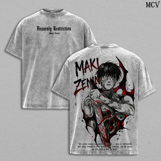 Maki Zenin – Jujutsu Kaisen – Vintage Washed Heavyweight Cotton Anime Graphic T-Shirt Japanese Manga Streetwear Tee