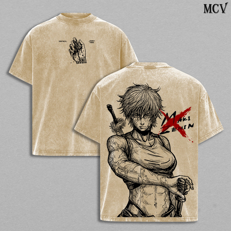 Zenin Clan Slayer Maki – Jujutsu Kaisen – Vintage Washed Heavyweight Cotton Anime Graphic T-Shirt
