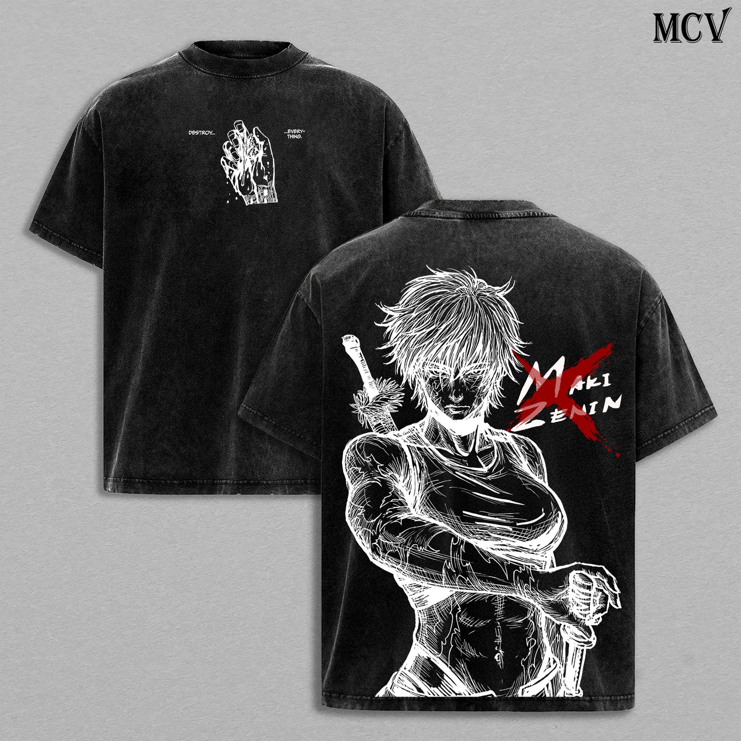 Zenin Clan Slayer Maki – Jujutsu Kaisen – Vintage Washed Heavyweight Cotton Anime Graphic T-Shirt