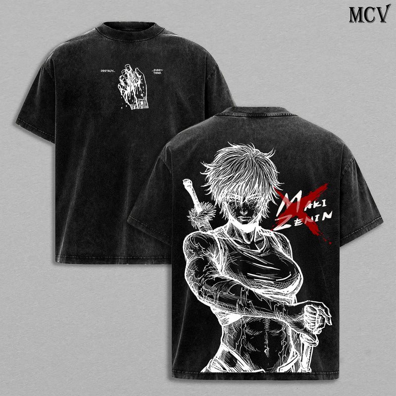 Zenin Clan Slayer Maki – Jujutsu Kaisen – Vintage Washed Heavyweight Cotton Anime Graphic T-Shirt