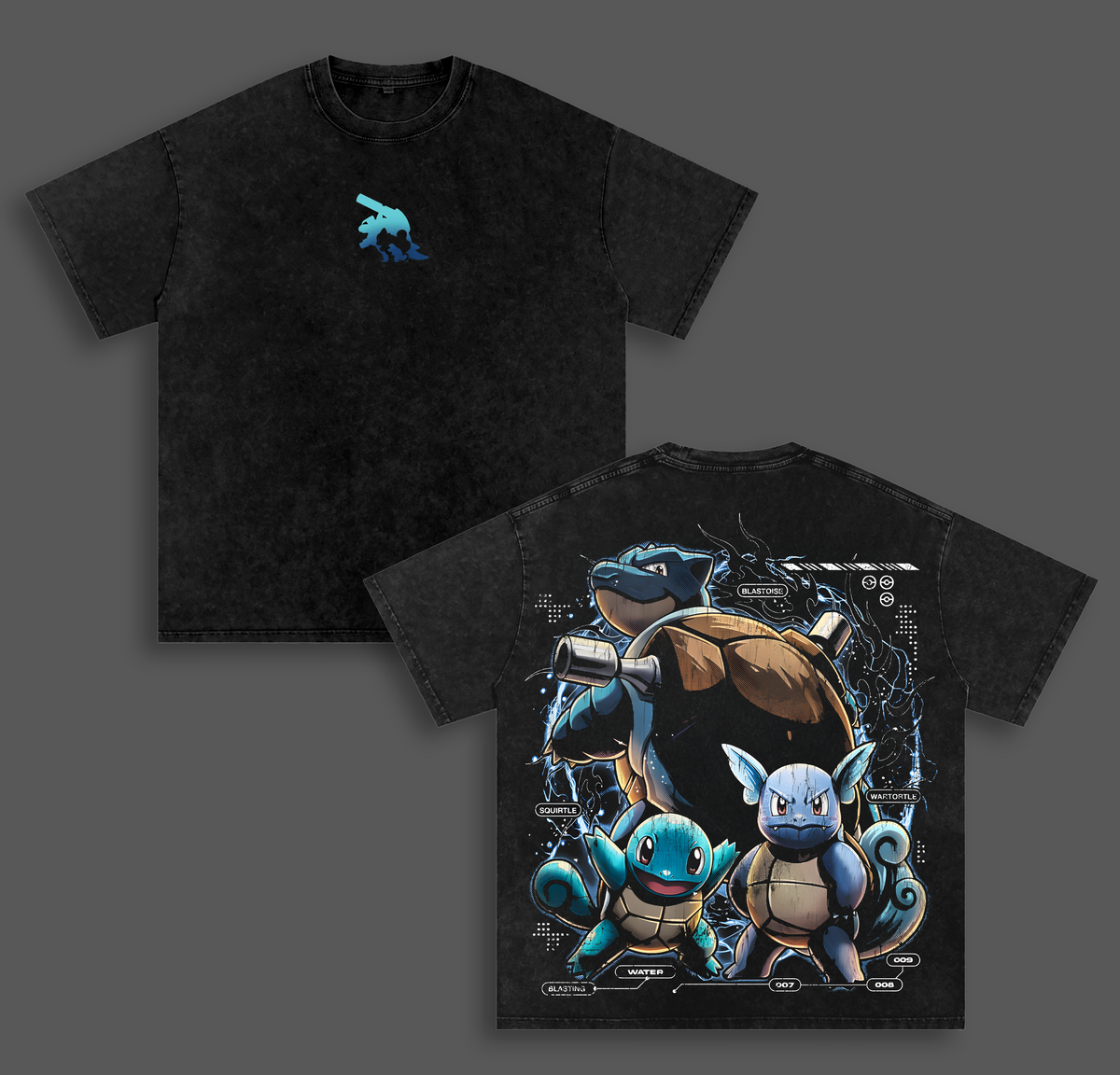 Blastoise Pokemon Vintage Unisex Oversize Anime Manga Acid Washed Heavyweight Cotton T-shirt