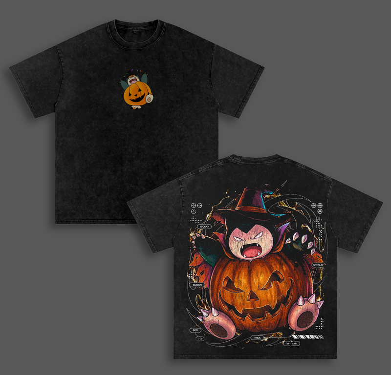 Snorlax Pokemon Halloween T-Shirt, Cute Anime Graphic Tee, Vintage Washed Oversized Heavyweight Cotton Shirt, Pokémon Halloween Streetwear, Unisex Graphic Apparel, Gift for Pokémon Fans