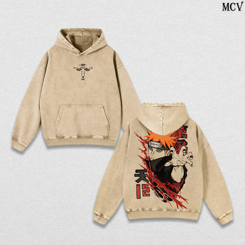 Pain (Nagato) – Naruto Shippuden – Vintage Washed Heavyweight Cotton Hoodie Japanese Anime Streetwear Graphic