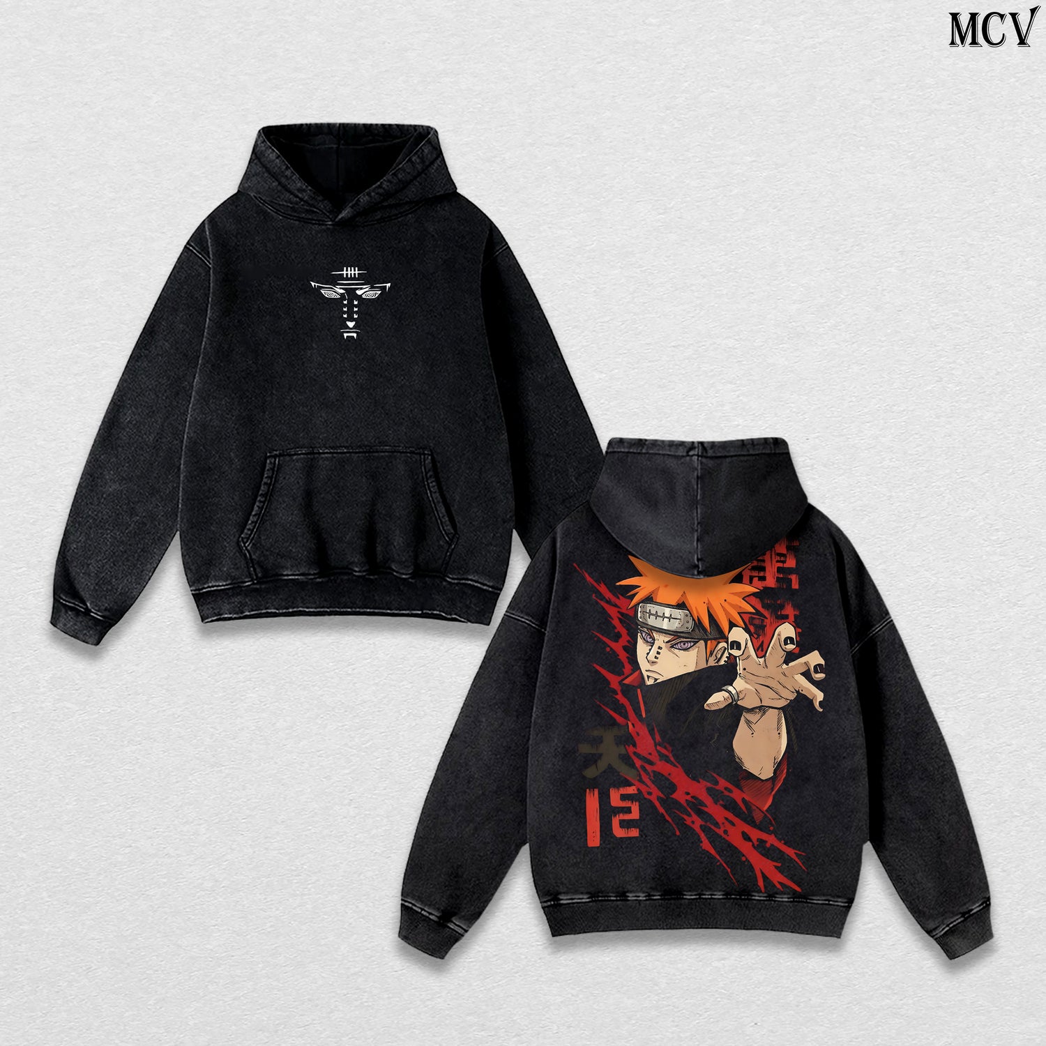 Pain (Nagato) – Naruto Shippuden – Vintage Washed Heavyweight Cotton Hoodie Japanese Anime Streetwear Graphic