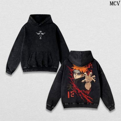 Pain (Nagato) – Naruto Shippuden – Vintage Washed Heavyweight Cotton Hoodie Japanese Anime Streetwear Graphic