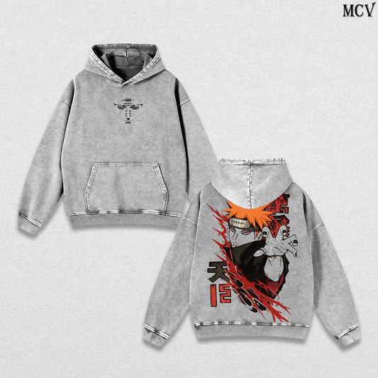Pain (Nagato) – Naruto Shippuden – Vintage Washed Heavyweight Cotton Hoodie Japanese Anime Streetwear Graphic