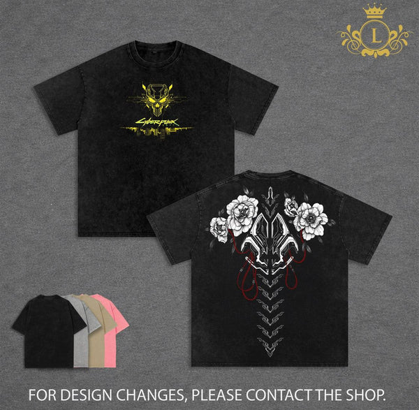 Cyberpunk 2077 T-Shirt, Cyberpunk Samurai Skull Graphic Tee, Vintage Washed Anime Gaming Shirt, Oversized Heavyweight Cotton Streetwear, Front & Back Print Unisex Top, Gift for Cyberpunk Fans