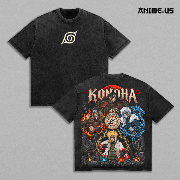 Naruto Konoha Vintage Washed T-Shirt, Anime Graphic Back Print Tee, Hokage Ninja Heavyweight Oversized Cotton Shirt, Naruto Shippuden Streetwear, Unisex Anime Apparel, Gift for Naruto Fans