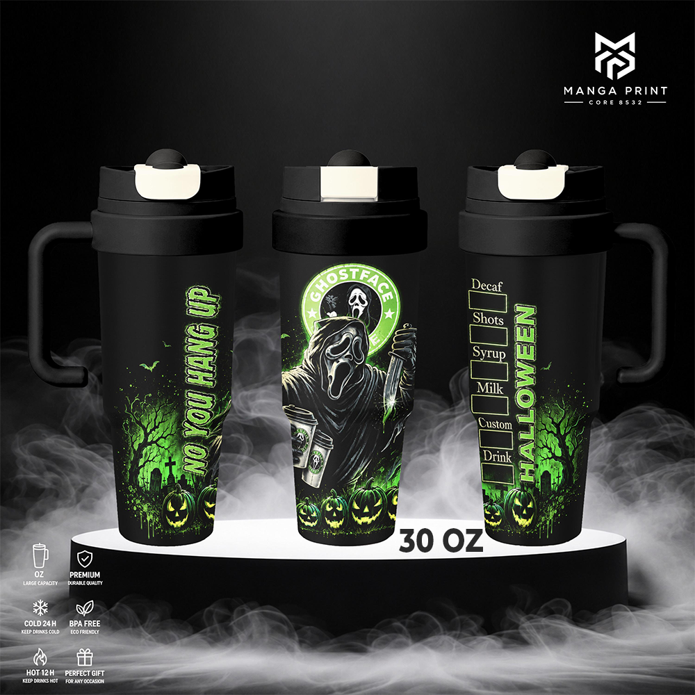 Ghostface Halloween Insulated Tumbler Horror Coffee Cup No You Hang Up Green Pumpkin Design Stainless Steel 17oz 24oz 30oz Vacuum Travel Mug Reusable Drinkware Halloween Horror Gift
