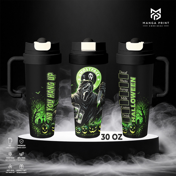Ghostface Halloween Insulated Tumbler Horror Coffee Cup No You Hang Up Green Pumpkin Design Stainless Steel 17oz 24oz 30oz Vacuum Travel Mug Reusable Drinkware Halloween Horror Gift