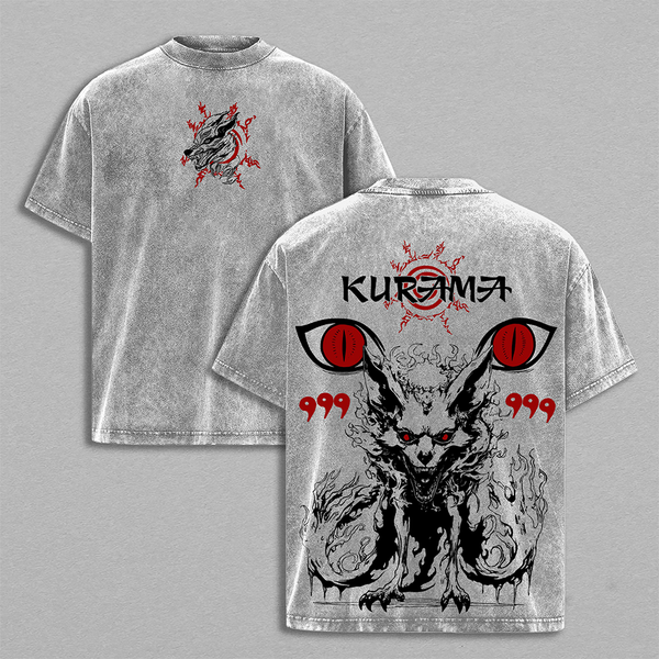 Naruto Kurama Sharingan Tee Washed – Vintage Washed Naruto Inspired Anime Graphic T-Shirt & Hoodie, Nine-Tails Fox Fan Art Design, Oversized Soft Cotton Unisex Streetwear, Casual Anime Apparel, Gift for Naruto Fans