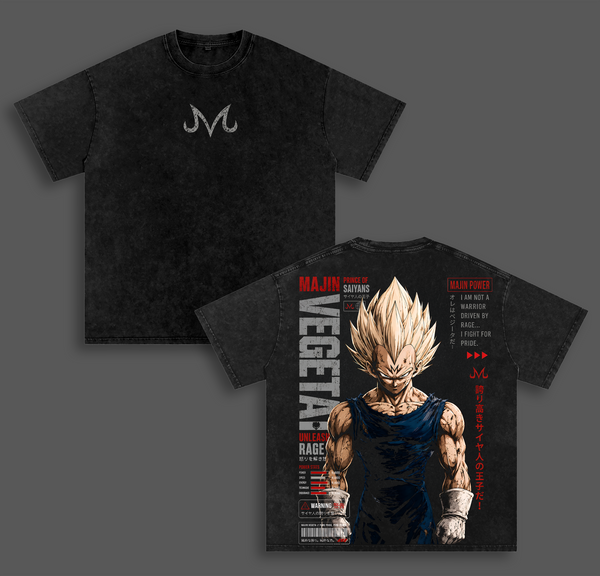 Saiyan Prince Majin Warrior Vintage Washed Oversized Tee, Super Power Anime Fighter DBZ T-Shirt Heavyweight Cotton Streetwear Graphic Shirt Gift for Anime DBZ Fans