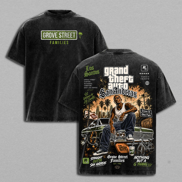 GTA San Andreas Grove Street Families Vintage Washed Oversized Hoodie, T-Shirt & Sweatshirt, Double-Sided CJ Carl Johnson Graphic Apparel, Grand Theft Auto Los Santos Gangster Design, Retro 90s Y2K Streetwear, Unisex GTA Gamer Gift